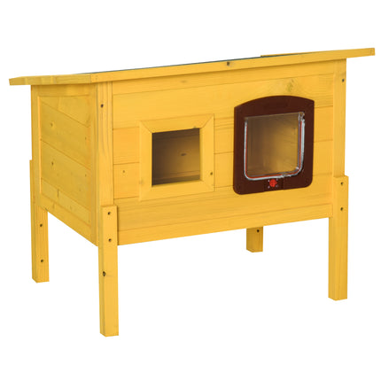 Garden Wooden Outdoor Cat House with Door & Window, Water-Resistant Roof - Earthy Yellow