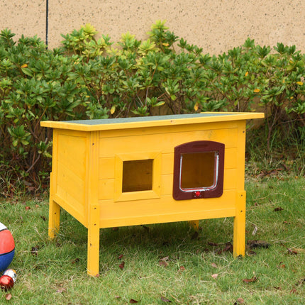 Garden Wooden Outdoor Cat House with Door & Window, Water-Resistant Roof - Earthy Yellow