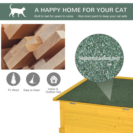 Garden Wooden Outdoor Cat House with Door & Window, Water-Resistant Roof - Earthy Yellow