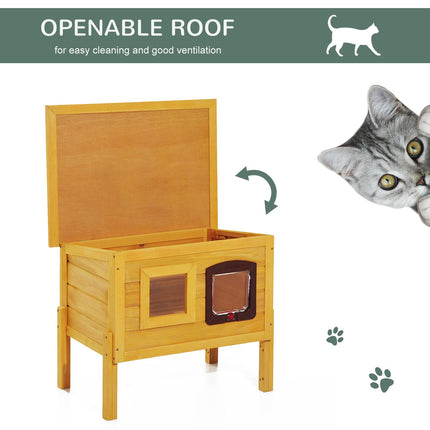 Garden Wooden Outdoor Cat House with Door & Window, Water-Resistant Roof - Earthy Yellow