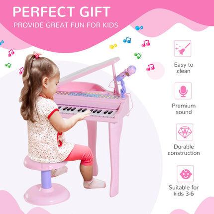 Mini Electronic Piano with Stool and Microphone - Pink