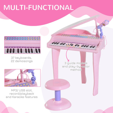 Mini Electronic Piano with Stool and Microphone - Pink