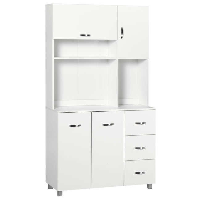 Freestanding Kitchen Storage Unit with Cupboards, Drawers & Open Shelves - White