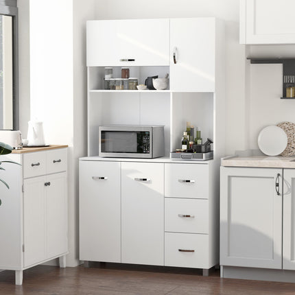 Freestanding Kitchen Storage Unit with Cupboards, Drawers & Open Shelves - White