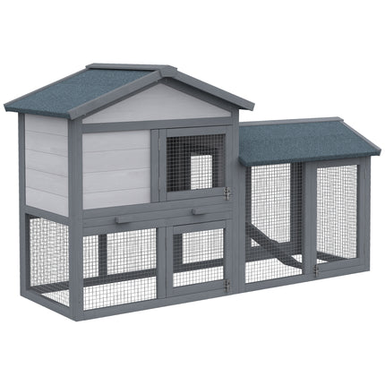 Wooden Double Tier Rabbit Guinea Pig Hutch with Water Resistant Roof and Ramp 147x54x84 cm - Grey