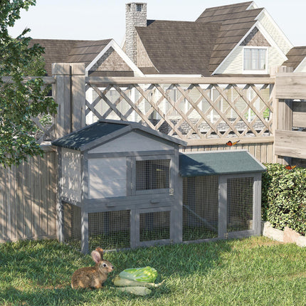 Wooden Double Tier Rabbit Guinea Pig Hutch with Water Resistant Roof and Ramp 147x54x84 cm - Grey