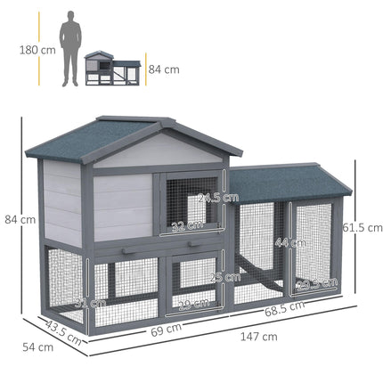 Wooden Double Tier Rabbit Guinea Pig Hutch with Water Resistant Roof and Ramp 147x54x84 cm - Grey