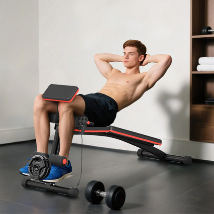 Foldable Adjustable Dumbbell Weight Lifting Sit Up Ab Bench for Home Gym Training - Black Red