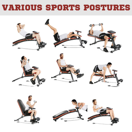 Foldable Adjustable Dumbbell Weight Lifting Sit Up Ab Bench for Home Gym Training - Black Red