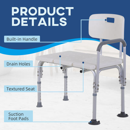 Height Adjustable Shower Chair with Armrest, Backrest & Non-Slip Bath Transfer Bench 300 lbs Capacity - White
