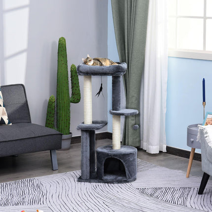 100cm Indoor Cat Tree with Perch House, Scratching Post & Play Ball - Grey and White