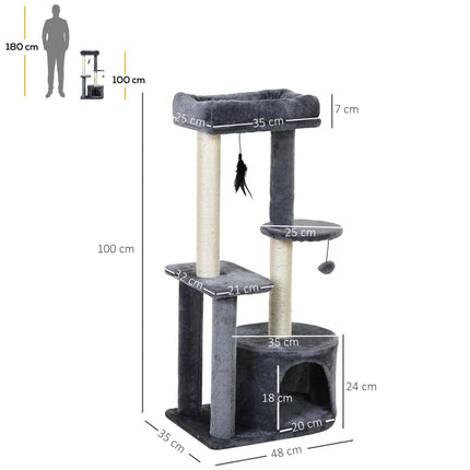 100cm Indoor Cat Tree with Perch House, Scratching Post & Play Ball - Grey and White