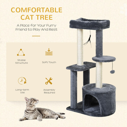 100cm Indoor Cat Tree with Perch House, Scratching Post & Play Ball - Grey and White
