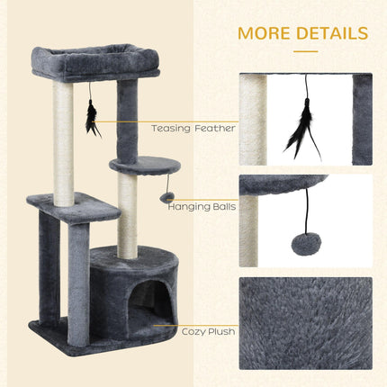 100cm Indoor Cat Tree with Perch House, Scratching Post & Play Ball - Grey and White
