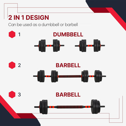 25kg Adjustable 2-in-1 Dumbbell and Barbell Set - Black