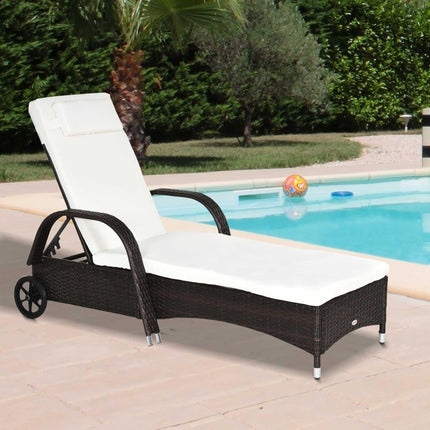 Rattan Sun Lounger with Adjustable Headrest and Cushion - Brown