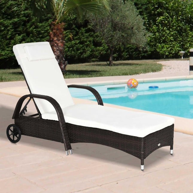 Rattan Sun Lounger with Adjustable Headrest and Cushion - Brown