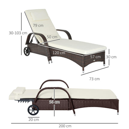 Rattan Sun Lounger with Adjustable Headrest and Cushion - Brown