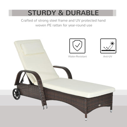 Rattan Sun Lounger with Adjustable Headrest and Cushion - Brown