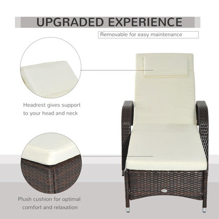 Rattan Sun Lounger with Adjustable Headrest and Cushion - Brown