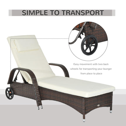 Rattan Sun Lounger with Adjustable Headrest and Cushion - Brown
