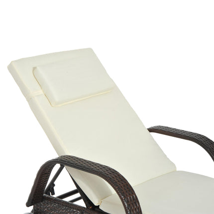 Rattan Sun Lounger with Adjustable Headrest and Cushion - Brown
