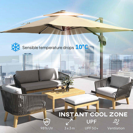 3 x 3(m) Aluminium Sun Square Canopy Top with Adjustable Pole Angle, Khaki