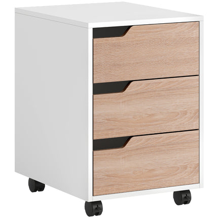 Mobile MDF File Cabinet Pedestal with 3 Lockable Drawers and Casters - Oak & White