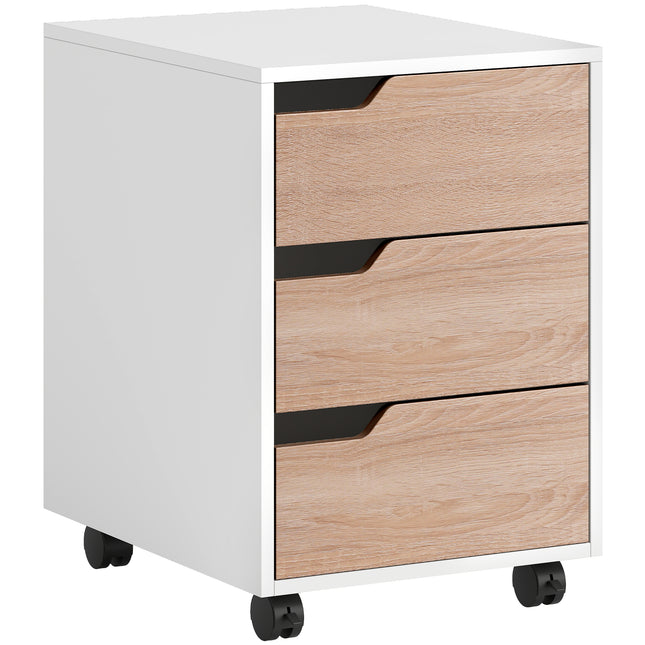 Mobile MDF File Cabinet Pedestal with 3 Lockable Drawers and Casters - Oak & White