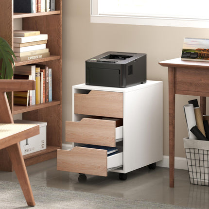 Mobile MDF File Cabinet Pedestal with 3 Lockable Drawers and Casters - Oak & White