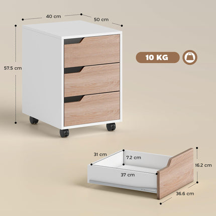 Mobile MDF File Cabinet Pedestal with 3 Lockable Drawers and Casters - Oak & White