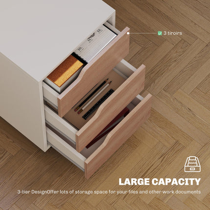 Mobile MDF File Cabinet Pedestal with 3 Lockable Drawers and Casters - Oak & White