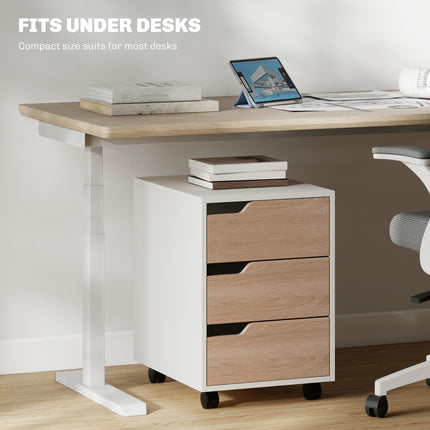Mobile MDF File Cabinet Pedestal with 3 Lockable Drawers and Casters - Oak & White