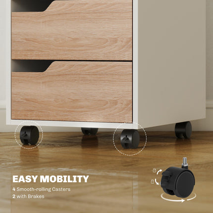 Mobile MDF File Cabinet Pedestal with 3 Lockable Drawers and Casters - Oak & White