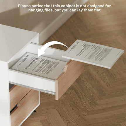 Mobile MDF File Cabinet Pedestal with 3 Lockable Drawers and Casters - Oak & White