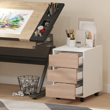 Mobile MDF File Cabinet Pedestal with 3 Lockable Drawers and Casters - Oak & White