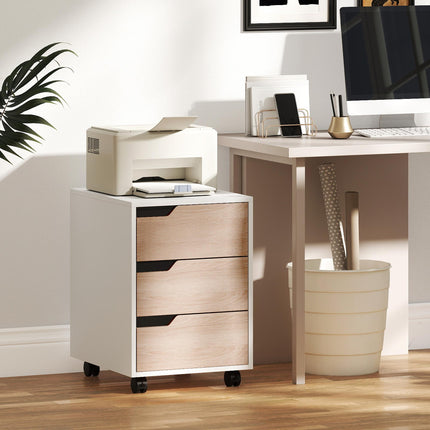 Mobile MDF File Cabinet Pedestal with 3 Lockable Drawers and Casters - Oak & White