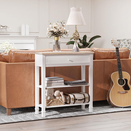 Console Table Hallway Side Desk with Drawer and Shelves Oak Tone Worktop - White