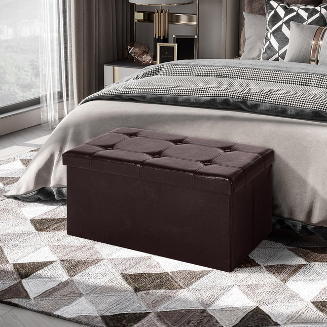 Folding Faux Leather Storage Cube Ottoman Bench Seat Rectangular Footrest Stool - Brown