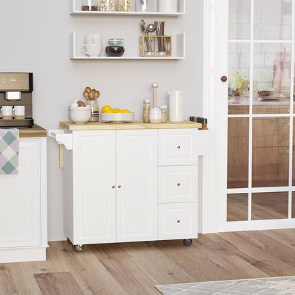 Drop-Leaf Kitchen Island Utility Cart with Drawers & Cabinet on Wheels - White
