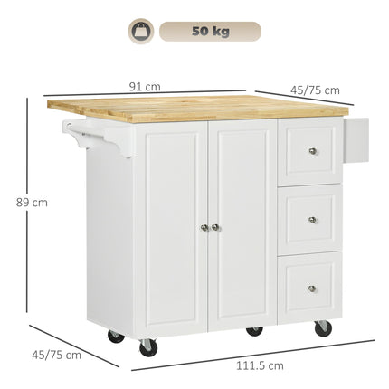 Drop-Leaf Kitchen Island Utility Cart with Drawers & Cabinet on Wheels - White