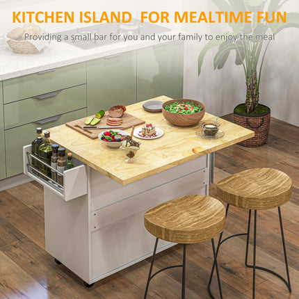 Drop-Leaf Kitchen Island Utility Cart with Drawers & Cabinet on Wheels - White