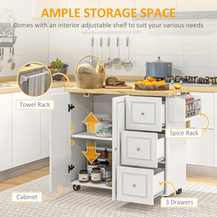Drop-Leaf Kitchen Island Utility Cart with Drawers & Cabinet on Wheels - White