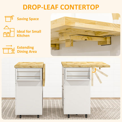 Drop-Leaf Kitchen Island Utility Cart with Drawers & Cabinet on Wheels - White