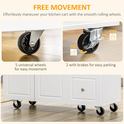 Drop-Leaf Kitchen Island Utility Cart with Drawers & Cabinet on Wheels - White