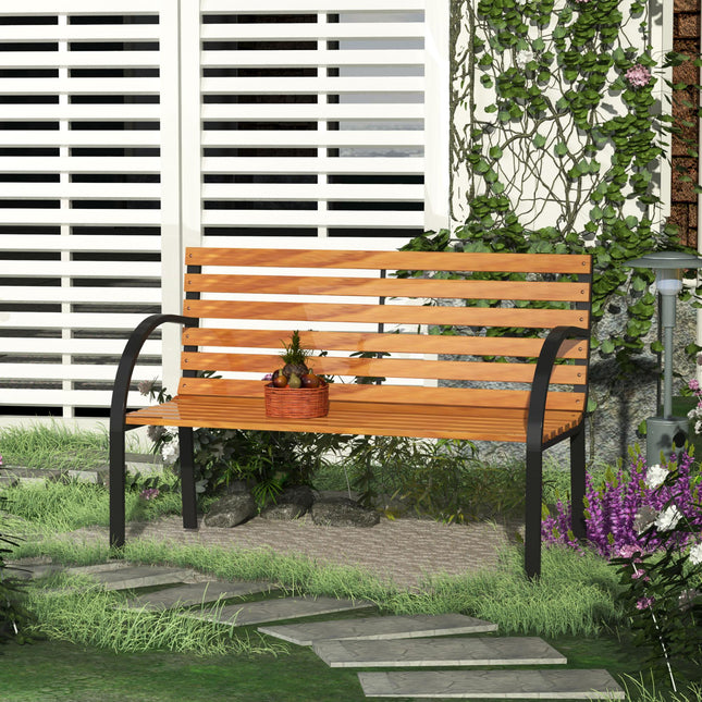 Wooden 2-Seater Garden Park Bench with Metal Frame - Black/Natural Wood