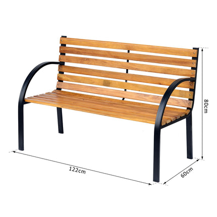 Wooden 2-Seater Garden Park Bench with Metal Frame - Black/Natural Wood