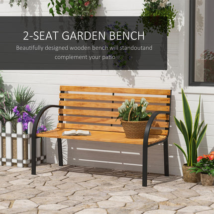 Wooden 2-Seater Garden Park Bench with Metal Frame - Black/Natural Wood