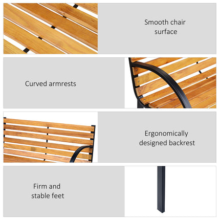 Wooden 2-Seater Garden Park Bench with Metal Frame - Black/Natural Wood