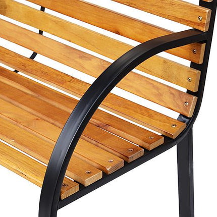 Wooden 2-Seater Garden Park Bench with Metal Frame - Black/Natural Wood